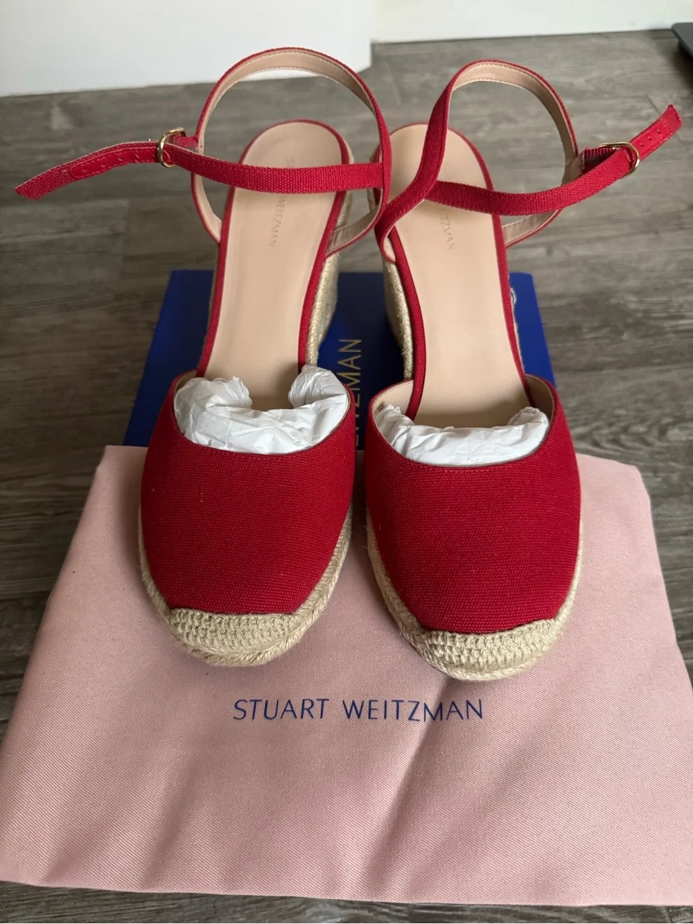 Stuart Weitzman Red Canvas Espadrille Wedge Sandals, US11, like NEW